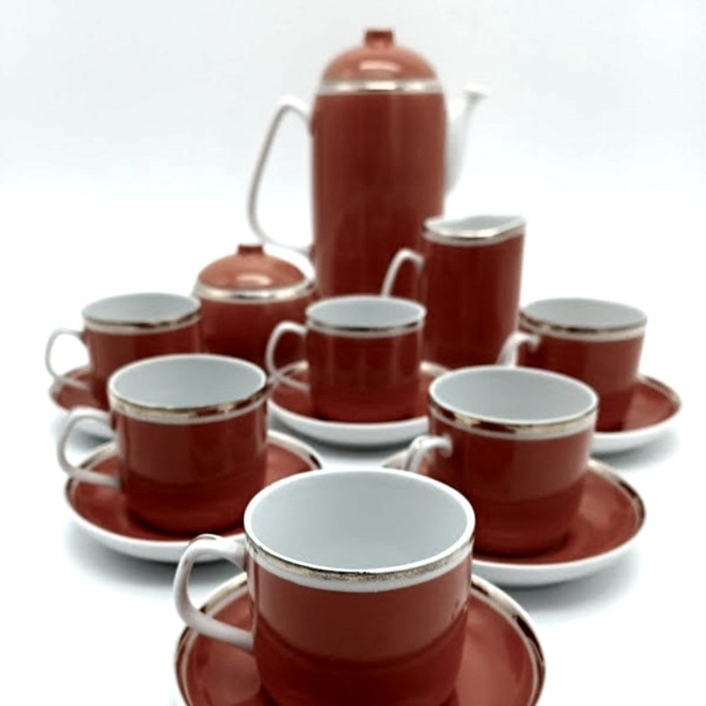 Vintage Hollohaza Hungary Porcelain Espresso Set Burgundy Gold Rim Mid Century M